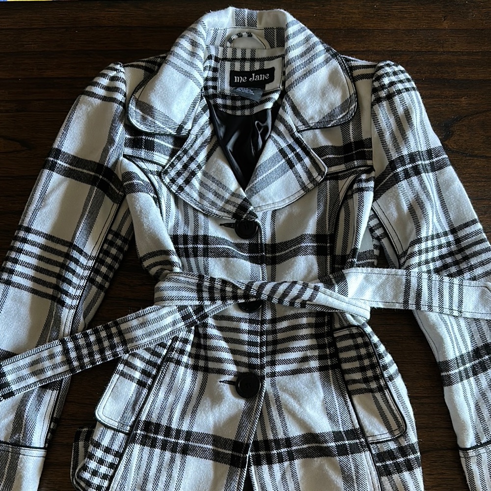 Me Jane Black and White Trench Coat with Belted Waist